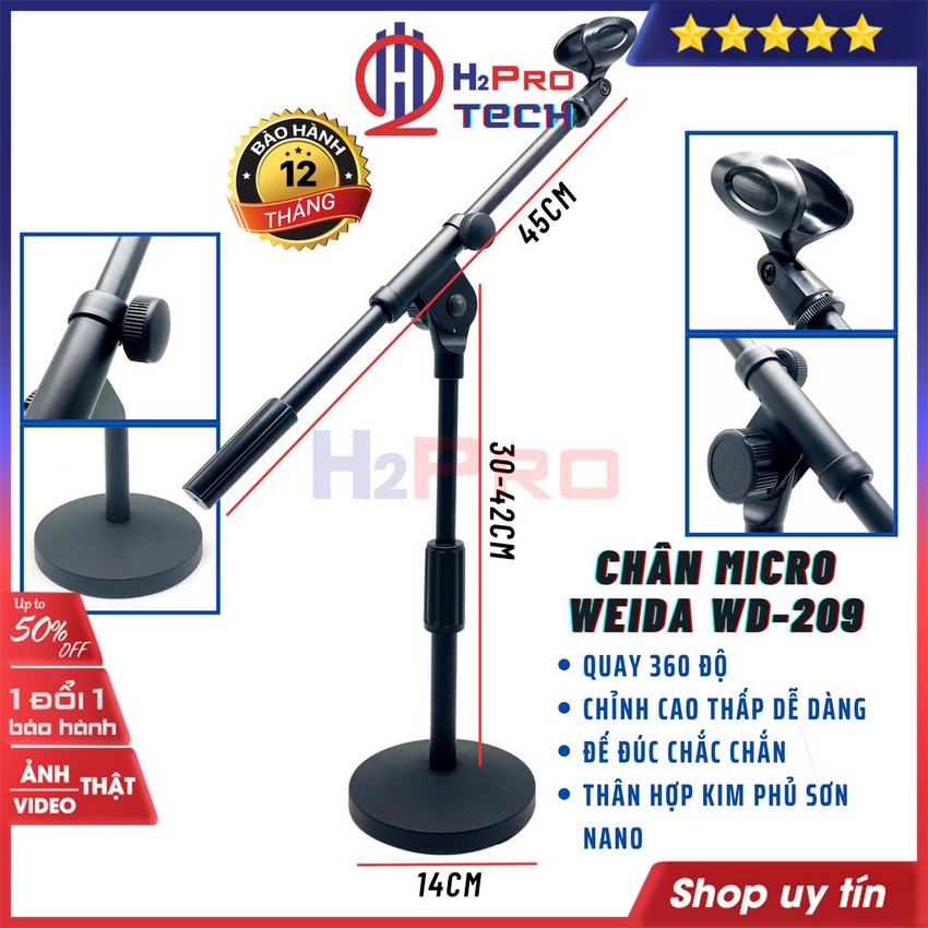 Chân Micro Đứng Để Bàn Cao Cấp Weida Wd209 Cao Tối Đa 80Cm, Đế  Gang Đúc Chắc Chắn-Thân Hợp Kim Phủ Sơn Nano-H2Pro Tech