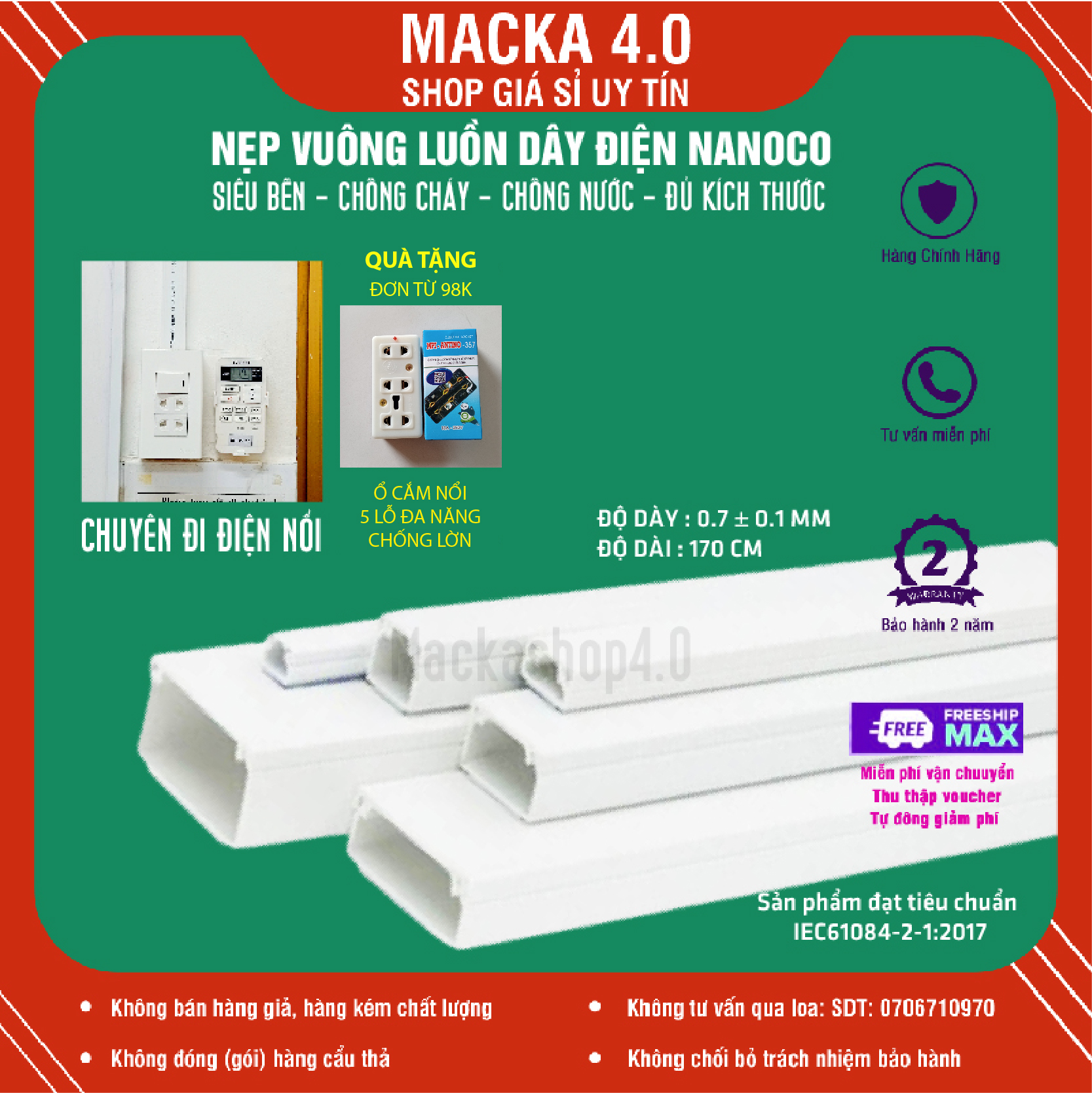 Nẹp vuông luồn dây điện Nanoco dái 1,7m đủ kích thước