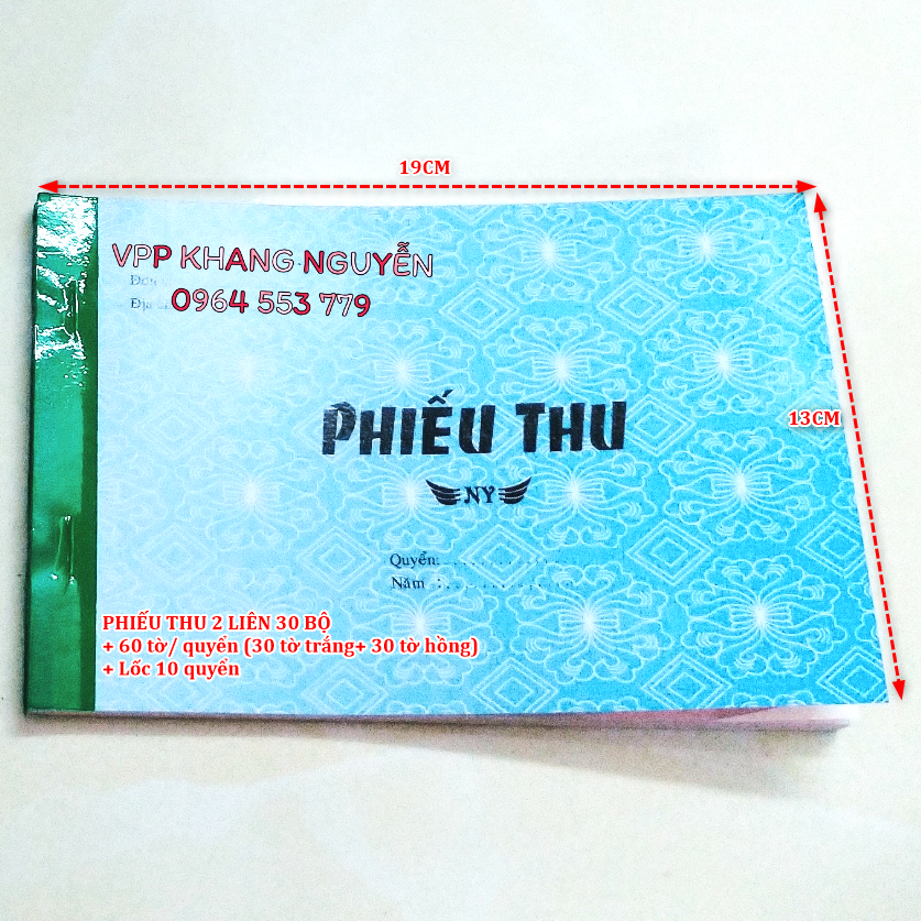 Phiếu Thu 2 Liên 60 Tờ Khổ 13x19cm Lốc 10 Cuốn