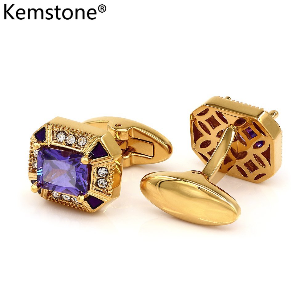 Kemstone Mens Luxury Purple Cubic Zirconia Cufflinks Crystal Accent Gold Plated Jewelry - intl