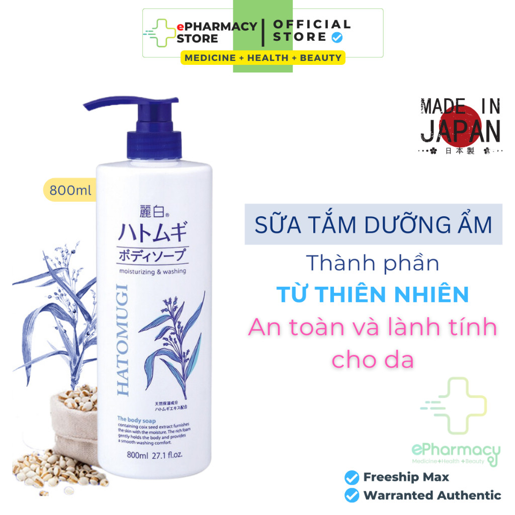 Sữa tắm HATOMUGI trắng da dưỡng ẩm | Sữa Tắm Ý Dĩ Nhật Bản HATOMUGI Moisturizing & Washing 800ml