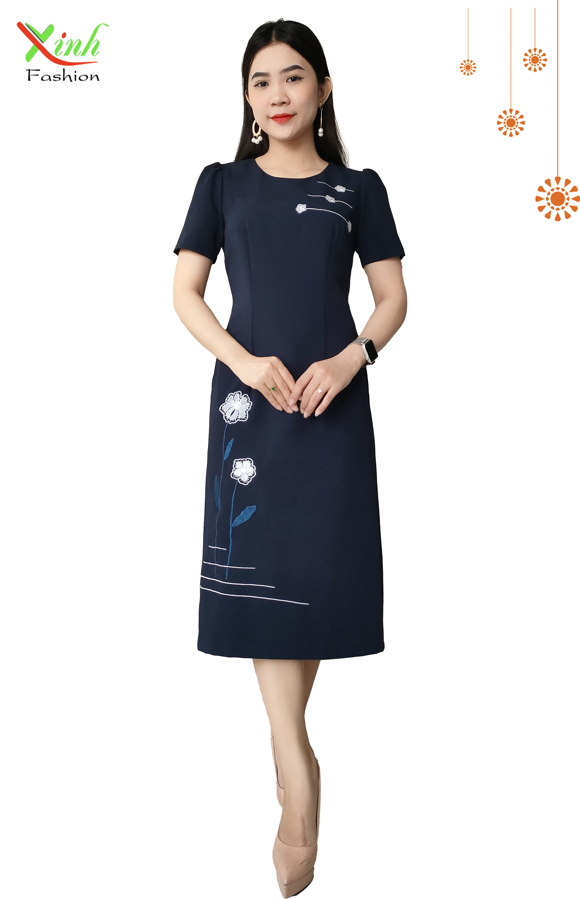 Đầm Suông A Thêu Hoa Nổi Xanh Đen Cực Sang Tạo Dáng Gọn DL875