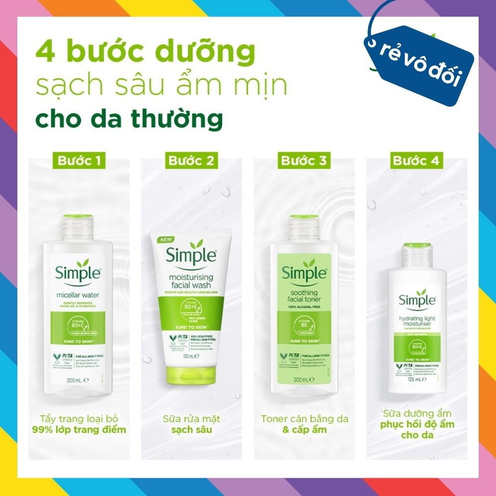 Bộ Sản Phẩm Simple Nước Tẩy Trang 200ml + Sữa Rửa Mặt 150ml + Nước hoa hồng 200ml + Sữa Dưỡng Da 125ml