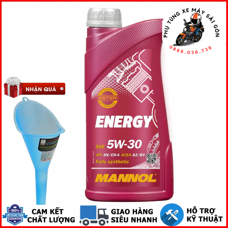 Nhớt tổng hợp Mannol Energy 5W30 dành cho xe máy, ô tô nhập khẩu Đức - Mua 5 tặng 1 phểu