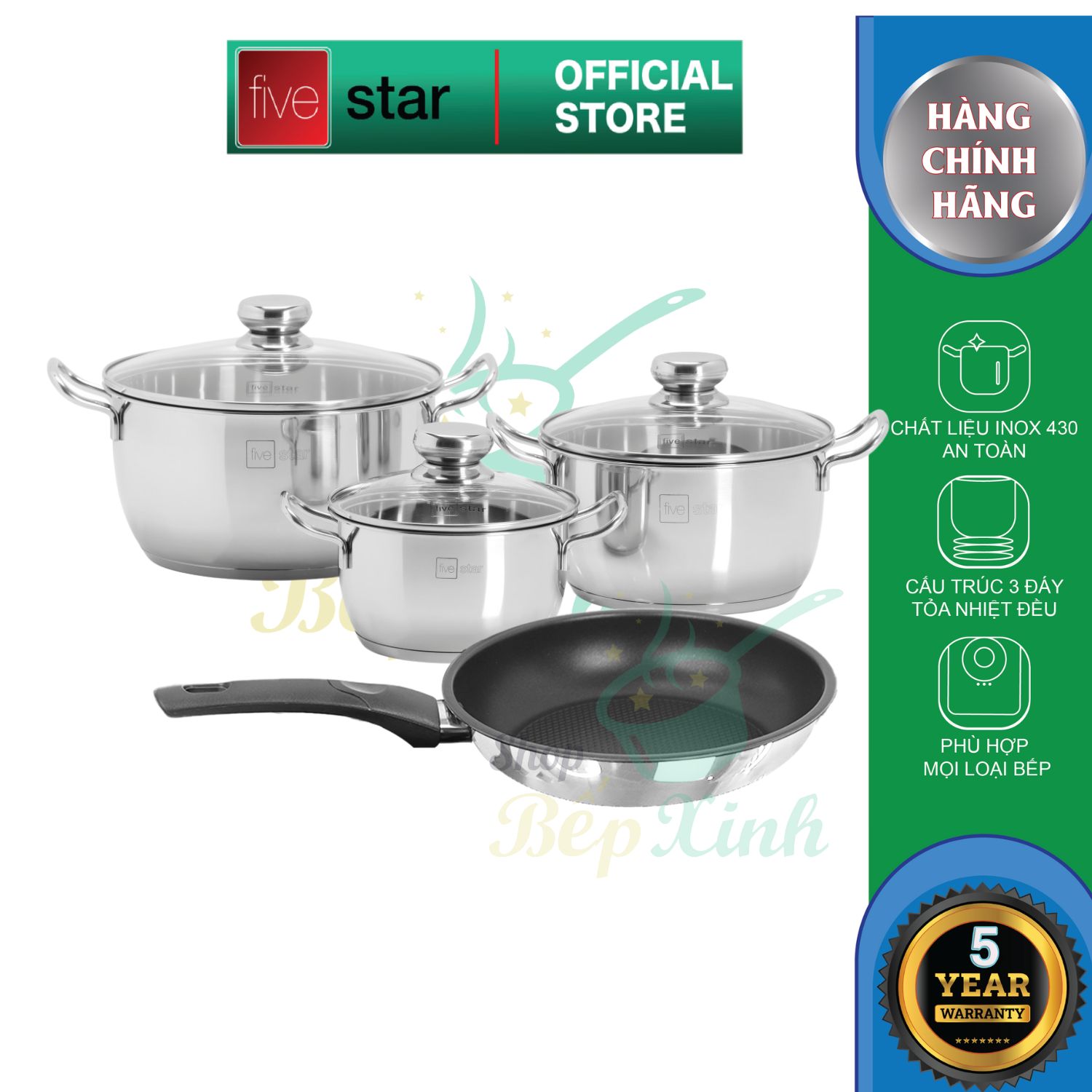 Bộ nồi inox 430 cao cấp đáy từ Fivestar Standard 3 chiếc , 3 đáy dùng được mọi bếp , tặng 5 muỗng inox