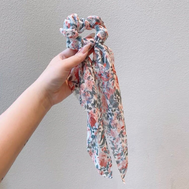Cột tóc scruchies nơ dài hoa - Dây buộc tóc lụa