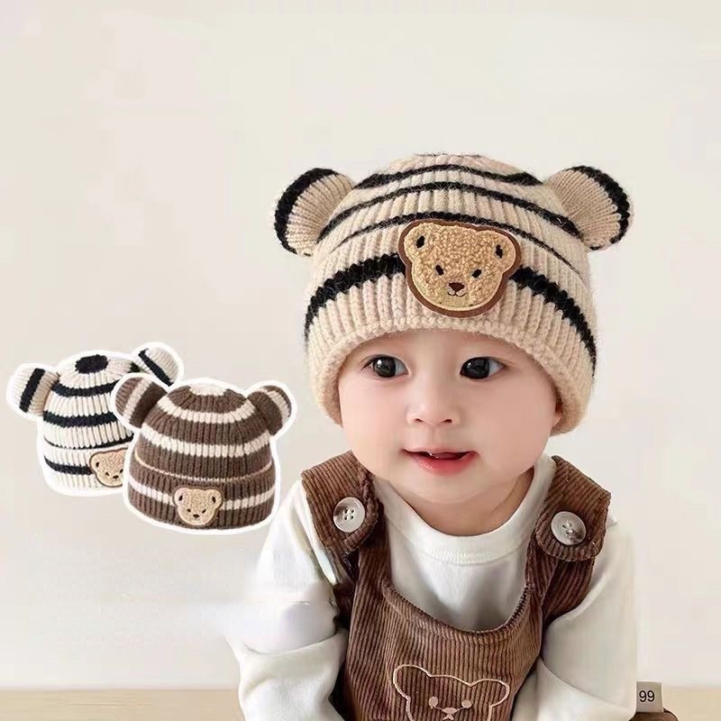 Mũ, nón len gấu kẻ sọc ấm áp xinh xắn cho bé