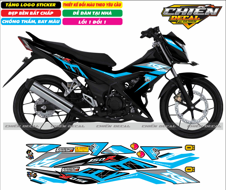 Tem rời xe sonic 150 màu đen mẫu tem RS nhiều kiểu lựa chọn (tem 3 lớp cao cấp)