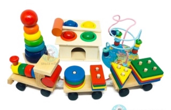 Bộ 4 đồ chơi gỗ tàu hỏa thả khối, mê cung luồn hạt, hộp đập bóng và tháp xếp chồng cho bé