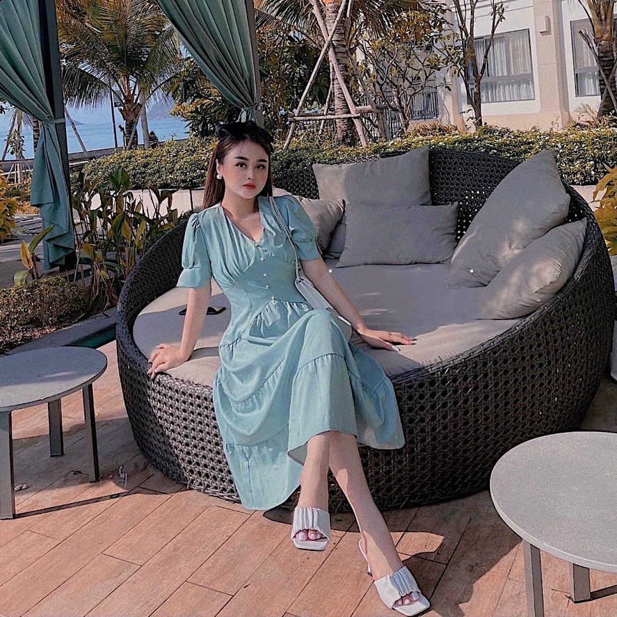 Đầm váy mint tầng cổ v nút ngọc