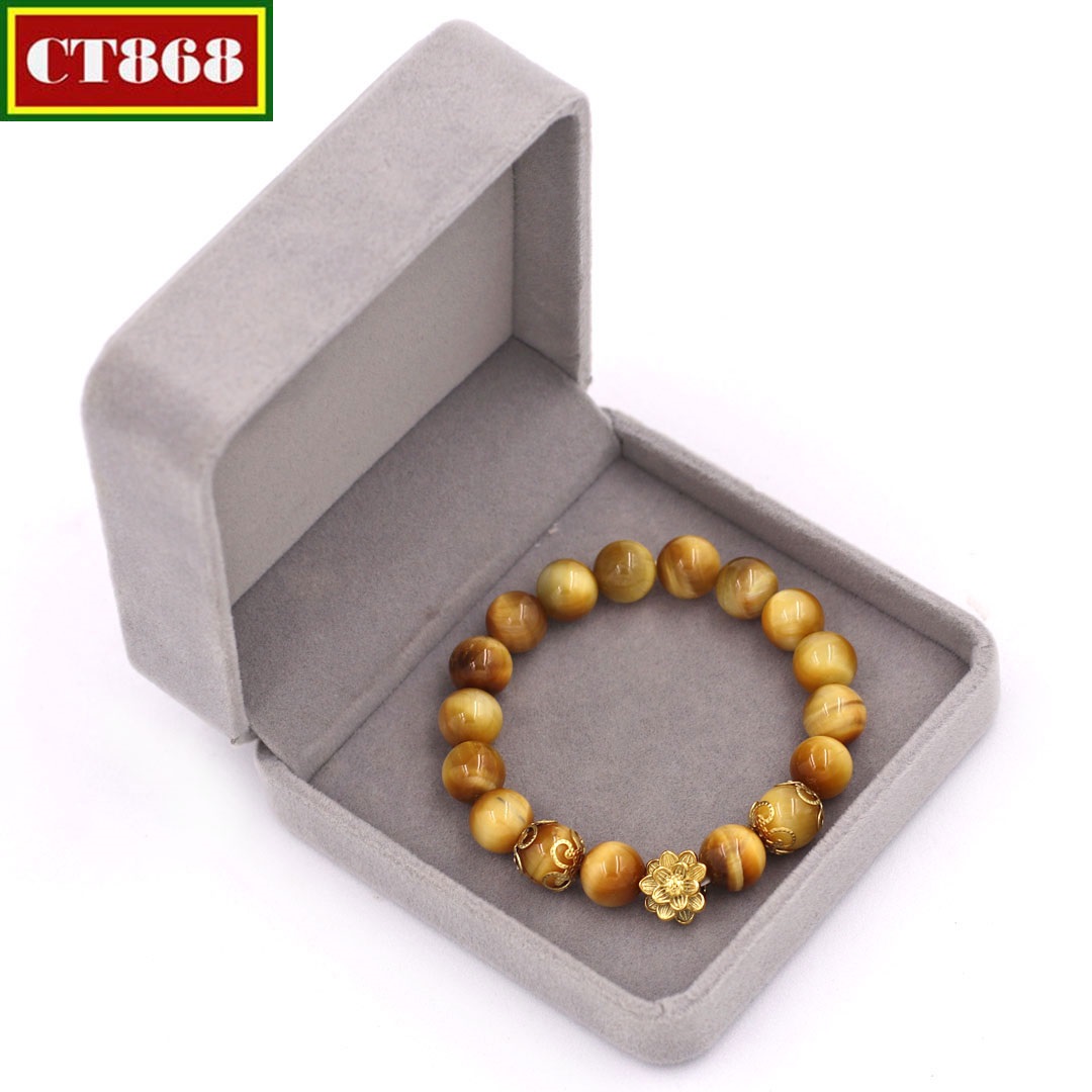 Vòng tay chuỗi hạt đá mắt hổ vàng 10 ly hoa sen vàng VMHVHSBKV10 hộp nhung