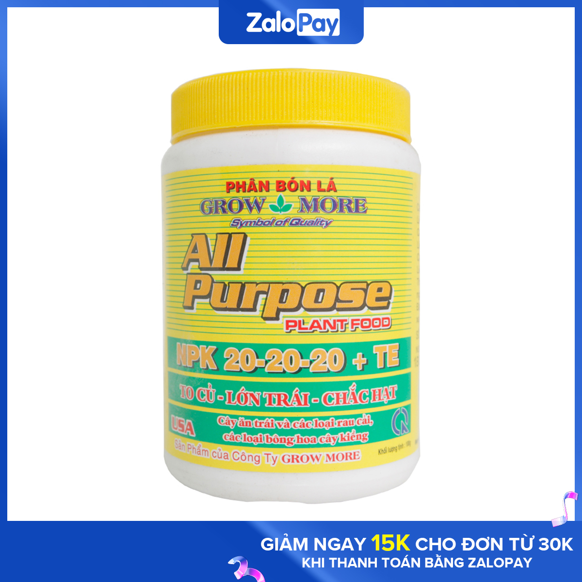 Phân Bón NPK Growmore All Purpose 20-20-20+Te Lọ 100 Gram