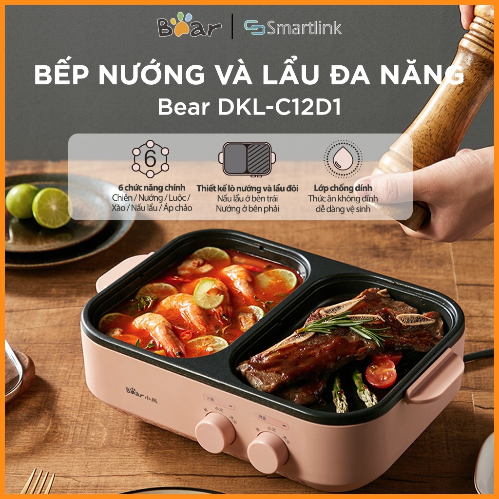 ♝◐  Bếp Lẩu Nướng Điện 2 Ngăn Đa Năng Mini 2 trong 1 Bear DKL-C12D1- Hàng Chính Hãng - Bảo Hành 18 Tháng