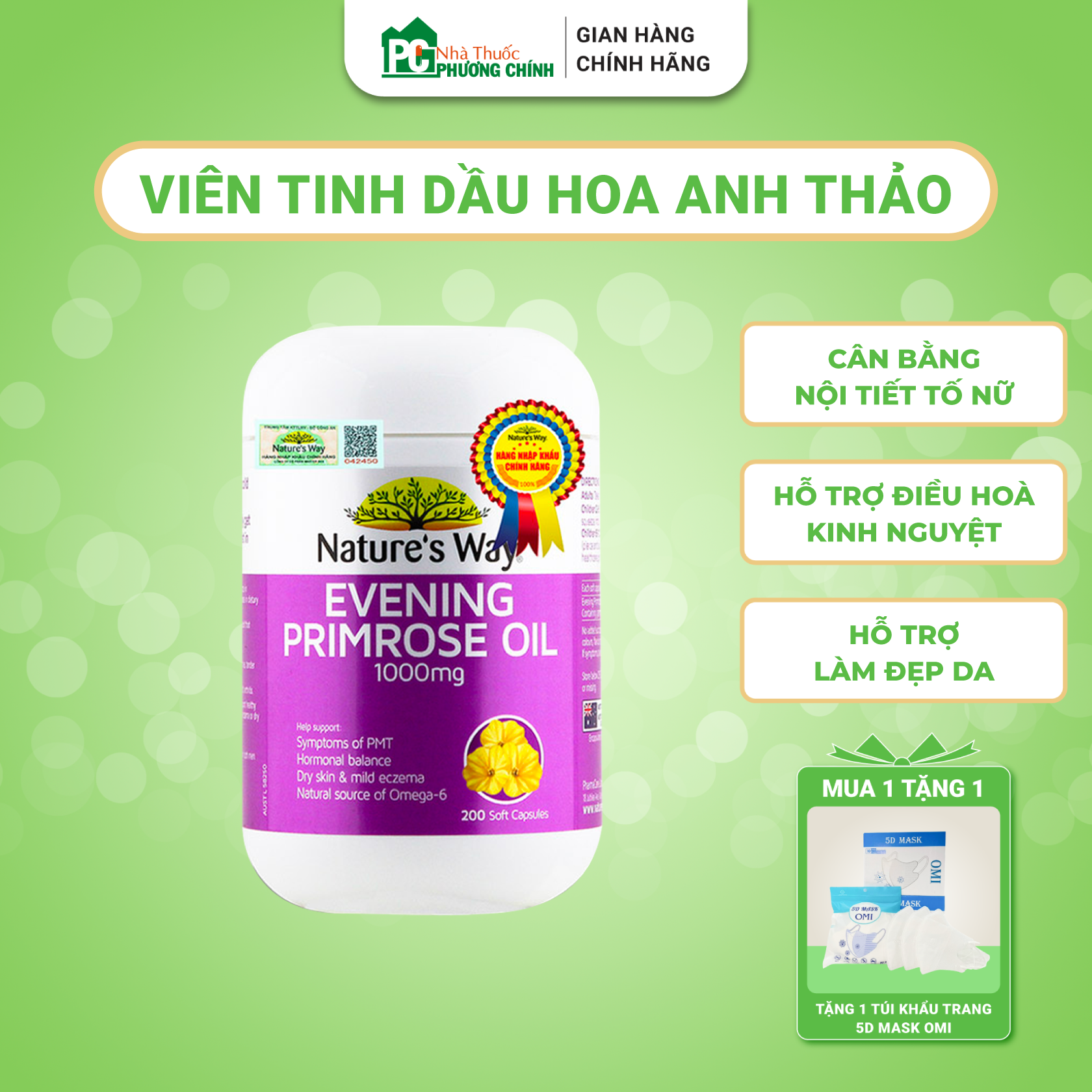 Viên uống tinh dầu hoa anh thảo evening primrose oil nature's way giúp cân bằng nội tiết tố nữ, làm đẹp da