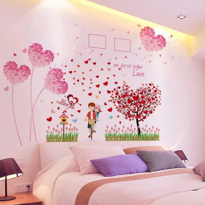 Decal dán tường trái tim hồng và cặp đôi cây trái tim 2
