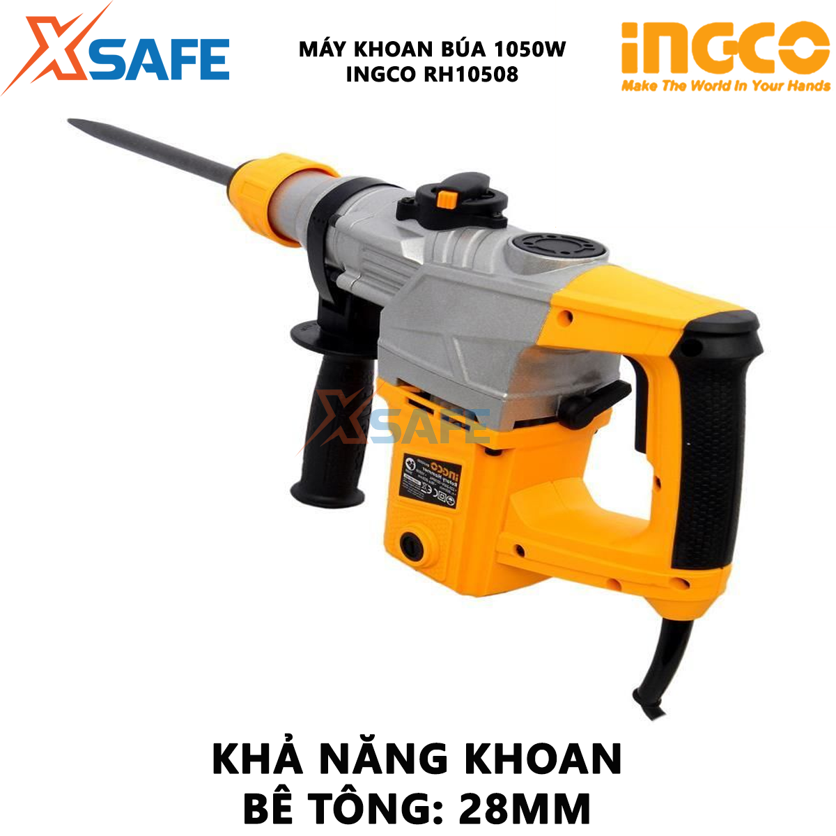 Máy khoan cầm tay 3 chức năng 1050w Ingco RH10508 đầu khoan gài sds, tốc độ 900rpm; tốc độ đập 4000bpm, lực đập 5j, khả năng khoan bê tông 28 mm, đục 14mm, thép 13mm, kèm 3 mũi khoan gài, 2 mũi đục Máy khoan đục bê tông