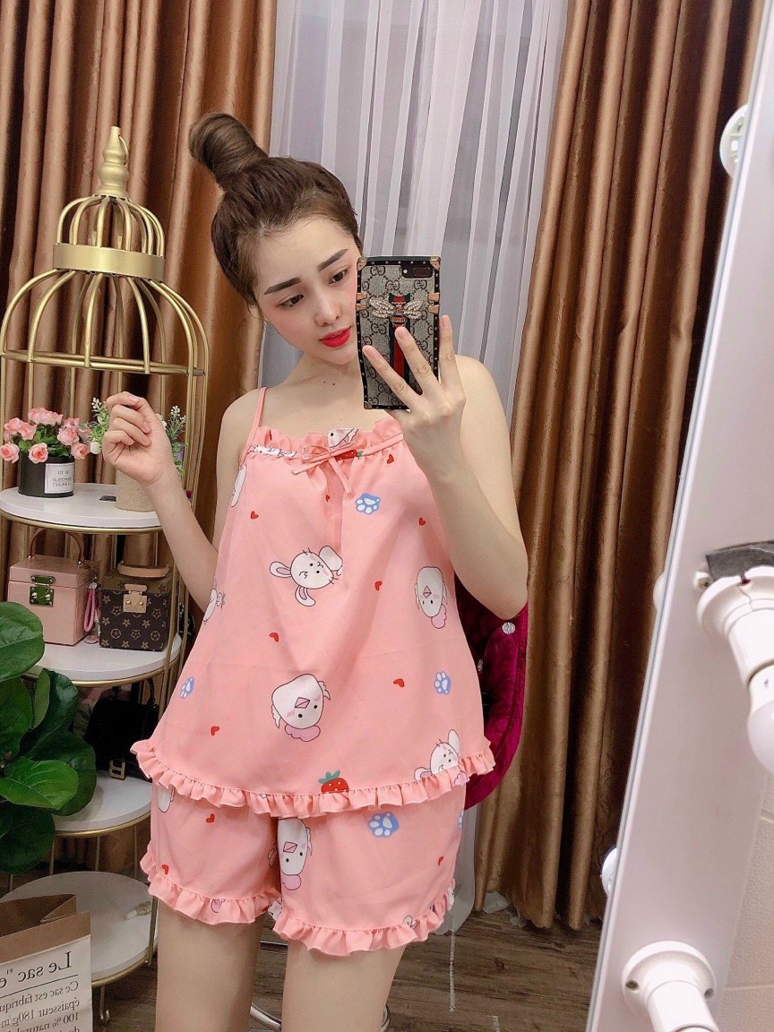 set bộ tiểu thư mặc nhà in hoạt hình chất lụa satin mát mẻ