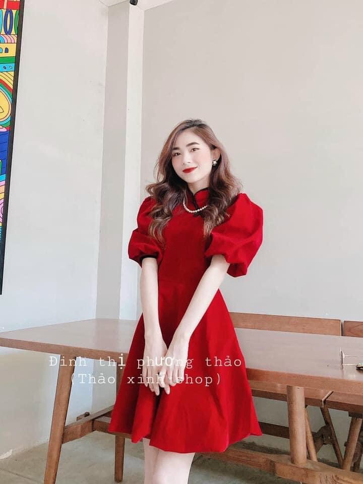 Đầm xòe cổ tàu tay ngắn dễ thương.fashionlyly