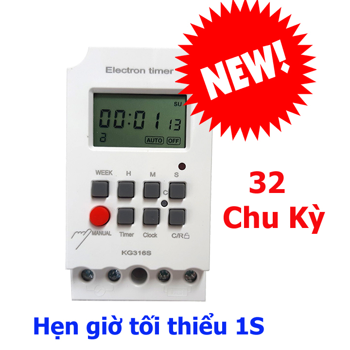 [TỐI THIỂU 1 GIÂY] Công tắc hẹn giờ bật tắt điện KG316S 32 chu kỳ hẹn giờ bật/ tắt tối thiểu 1 giây, rung chuông trường học, bể thủy sinh