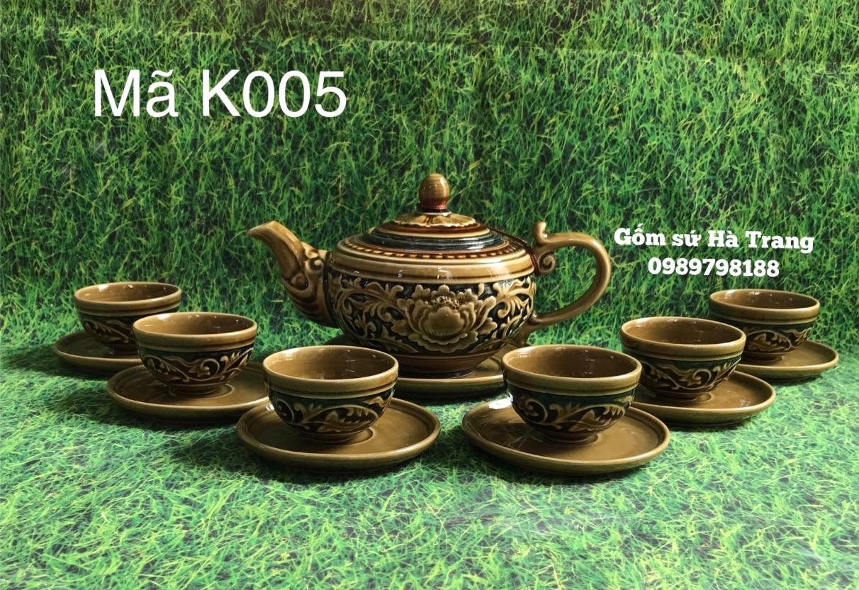 Bộ ấm chén Bát Tràng cao cấp hoạ tiết khắc chìm
