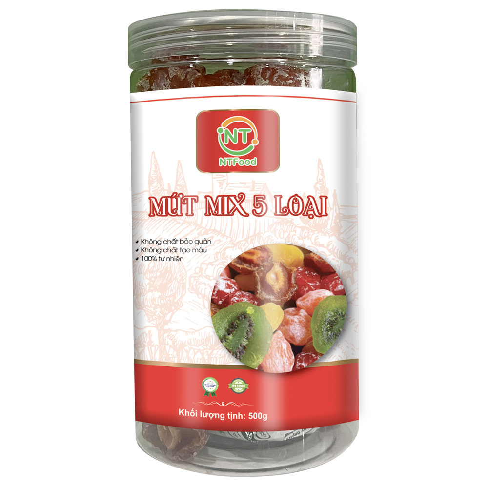 Mứt mix 5 loại NTFood 500gr (Đào vàng, Đào hồng, Đào bổ, Mận cơm, Kiwi) - Nhất Tín Food