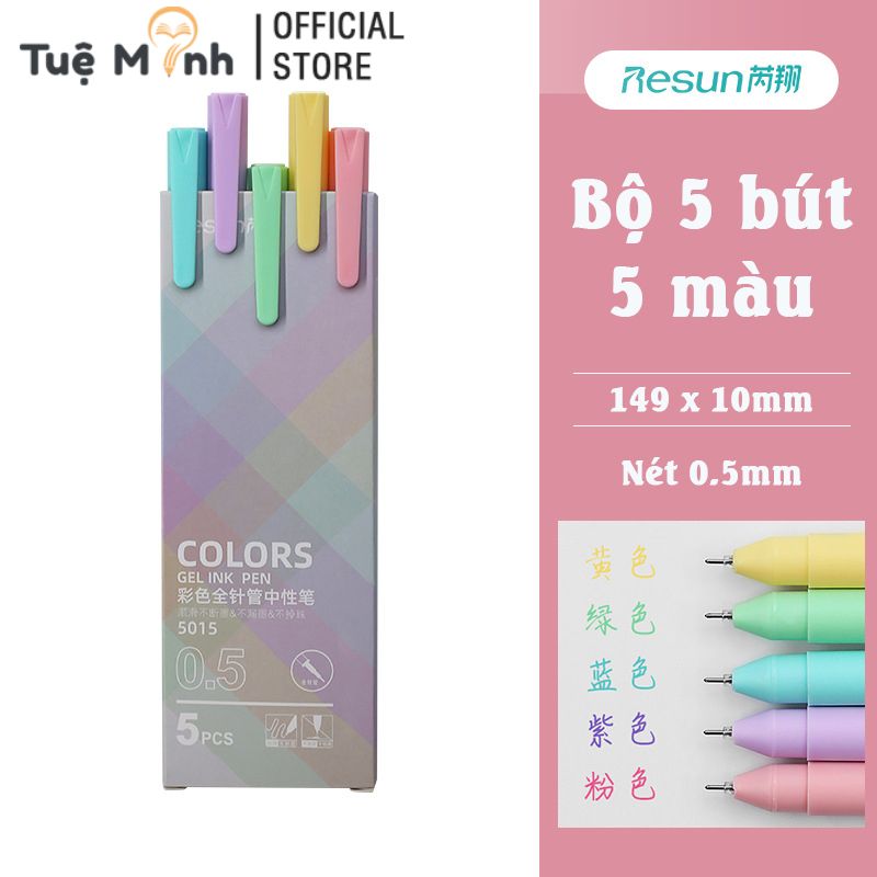 Bộ 5 Bút Gel Màu Macaron Resun Ngòi 0.5Mm Ghi Chép VPP Tue Minh, Ghi Chú Tiên Lợi B17- VPPTueMinh