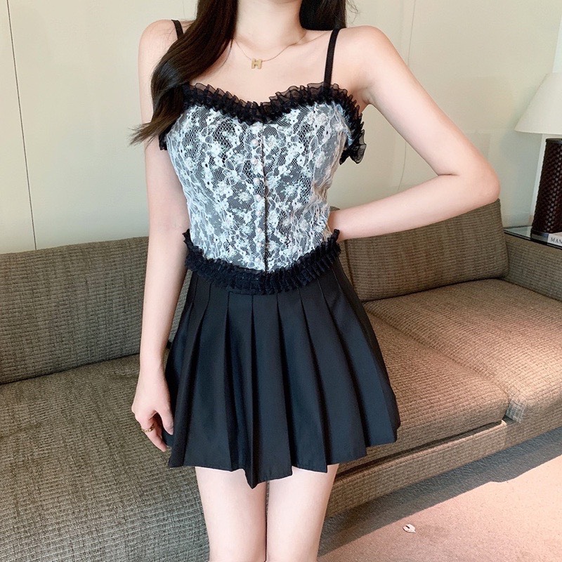 Áo 2 Dây Nữ Ren Hoa Tiểu Thư Đính Hạt Viền Bèo, Chun Sau Dáng Croptop Siêu Sang Chảnh Có Mút Ngực 1202 -BraStore-