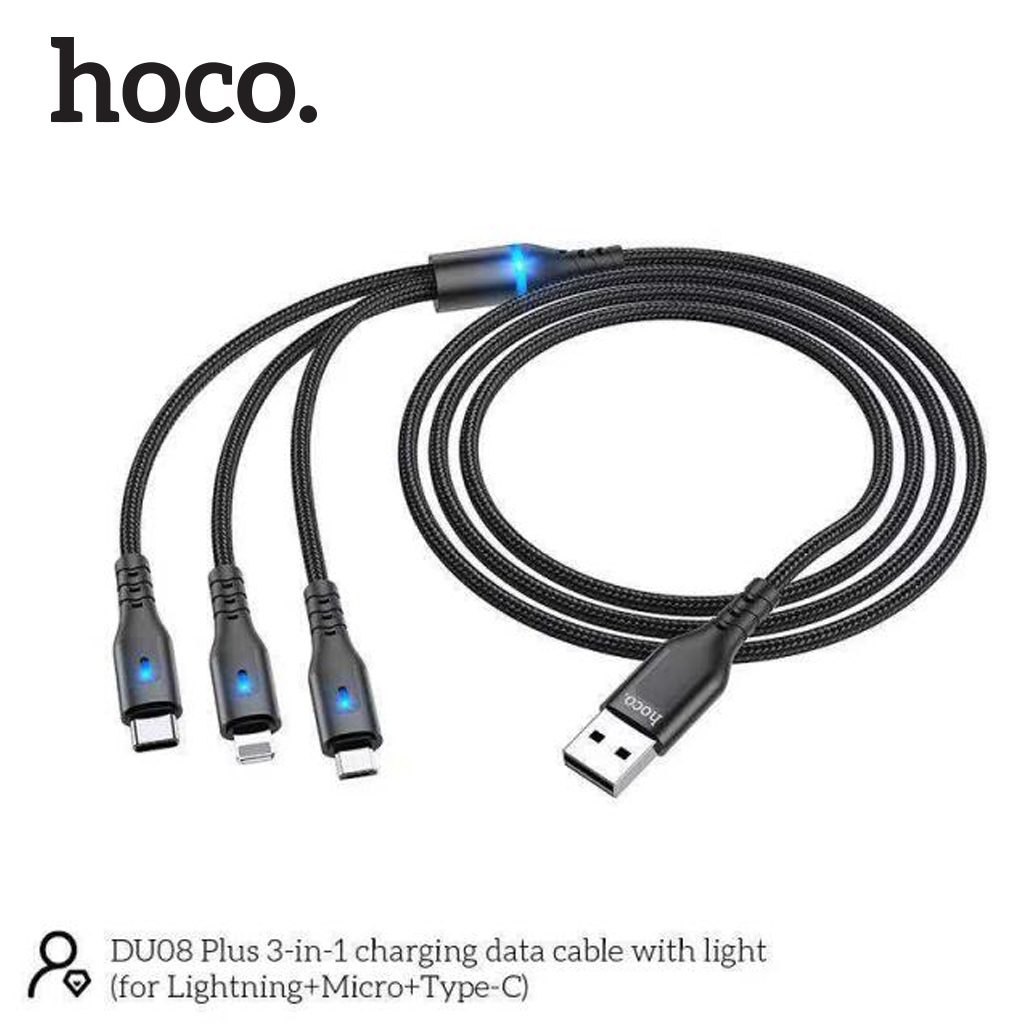 Cáp sạc Hoco DU08 Plus 3in1( Lightning+Micro+Type-C ) sạc nhanh 2.4A, hỗ trợ truyền data, đèn LED báo sạc, dây bọc dù, dài 120cm