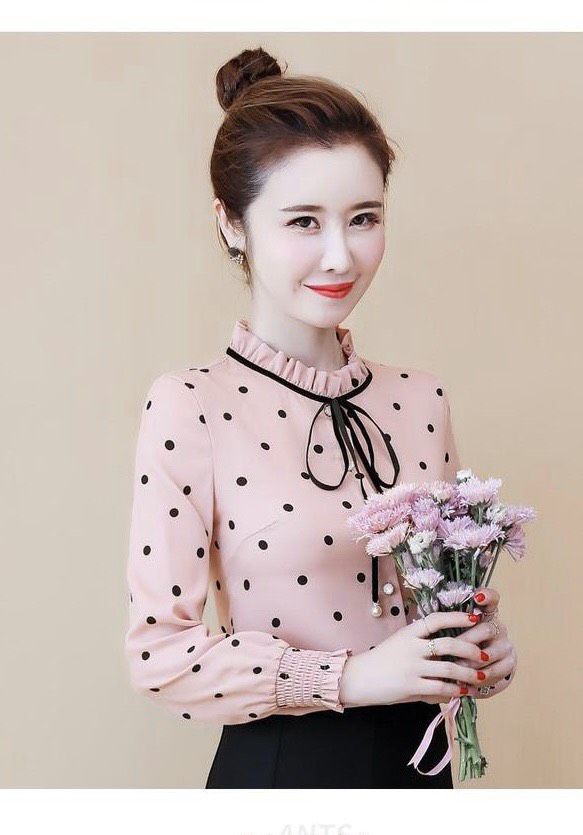 [HCM]Áo sơ mi chấm bi cổ viền đen