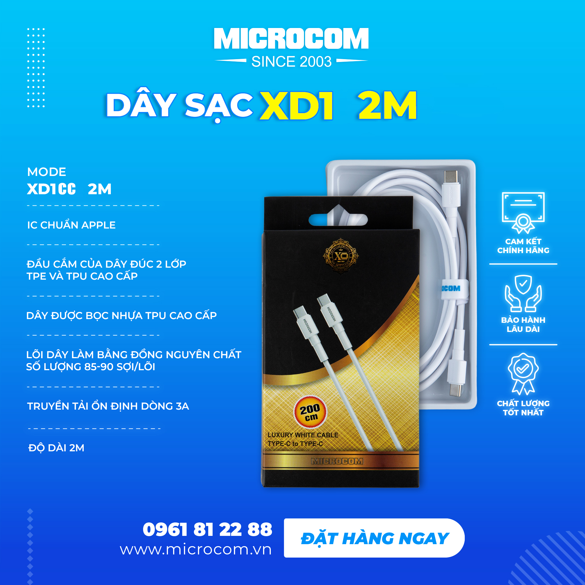 Dây cáp sạc nhanh 2 đầu TypeC - 60W Microcom, chiều dài 1m - 2m