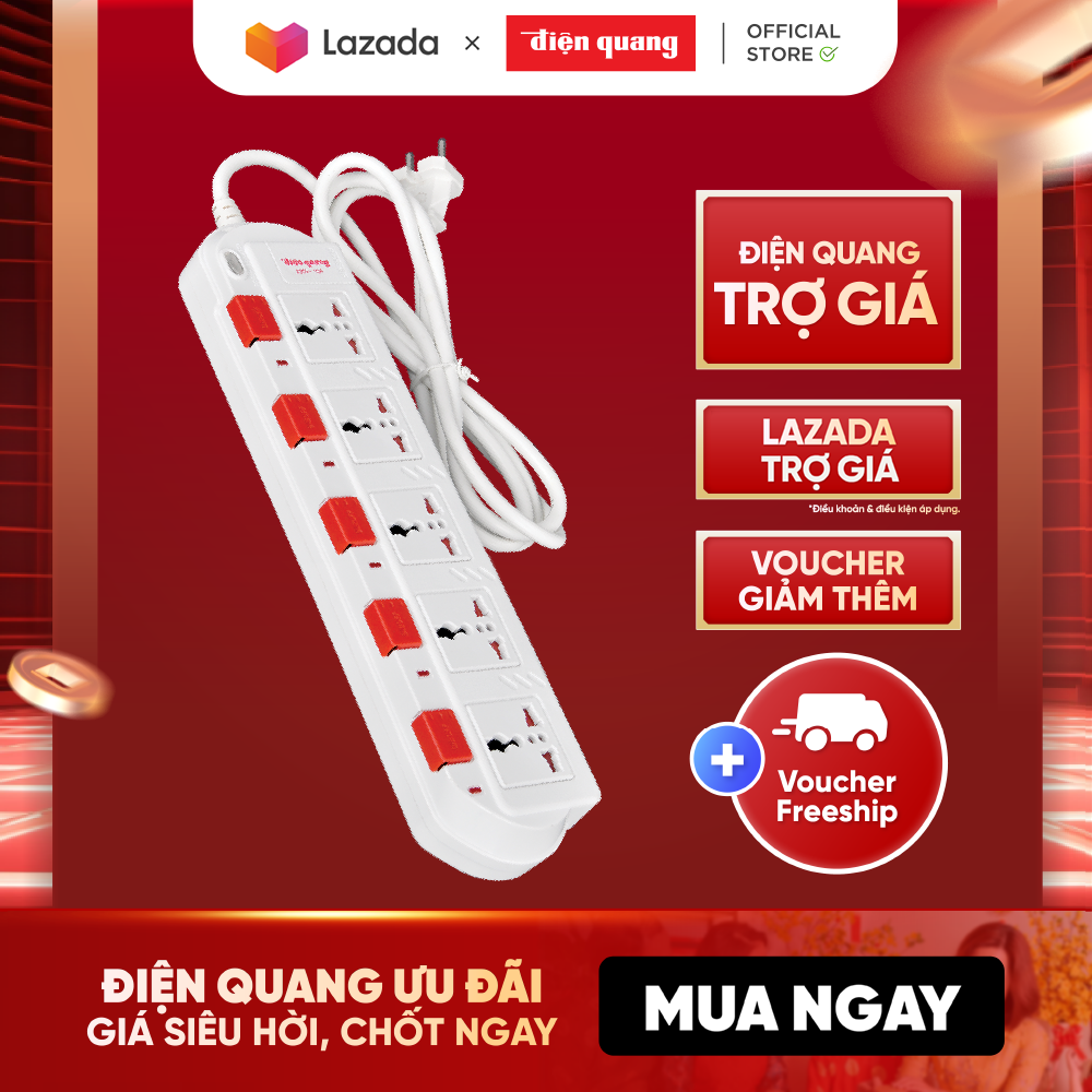 Ổ cắm Điện Quang ĐQ ESK 5W.SM750SL (5 lỗ 3 chấu dây 5 mét màu Trắng Đỏ) - Tương thích nhiều loại chân cắm, có màn chắn thông minh, an toàn cho trẻ nhỏ. Công suất 3200W. BH 12 tháng