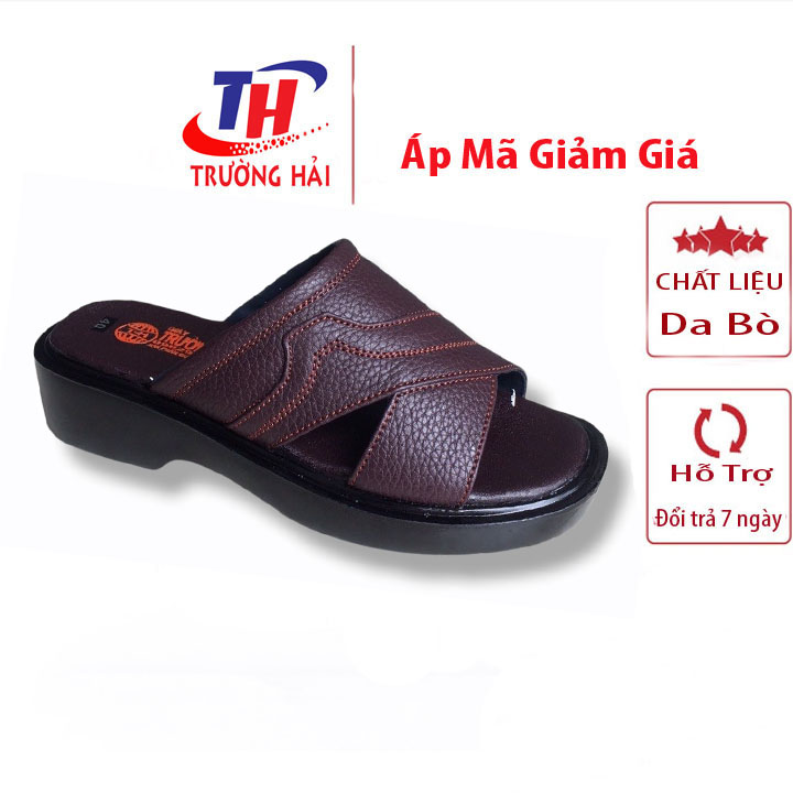 Dép nam Trường Hải Quai ngang da bò nâu cao cấp QN744 FORM NHỎ HƠN 1 SIZE