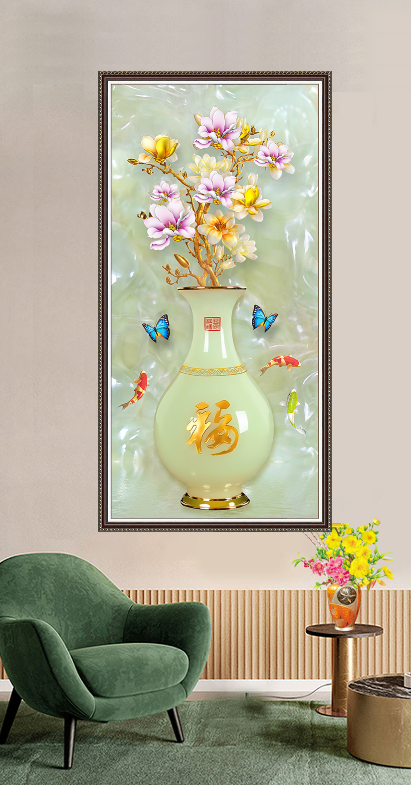 Tranh 3D dán tường bình hoa sen có keo sẵn