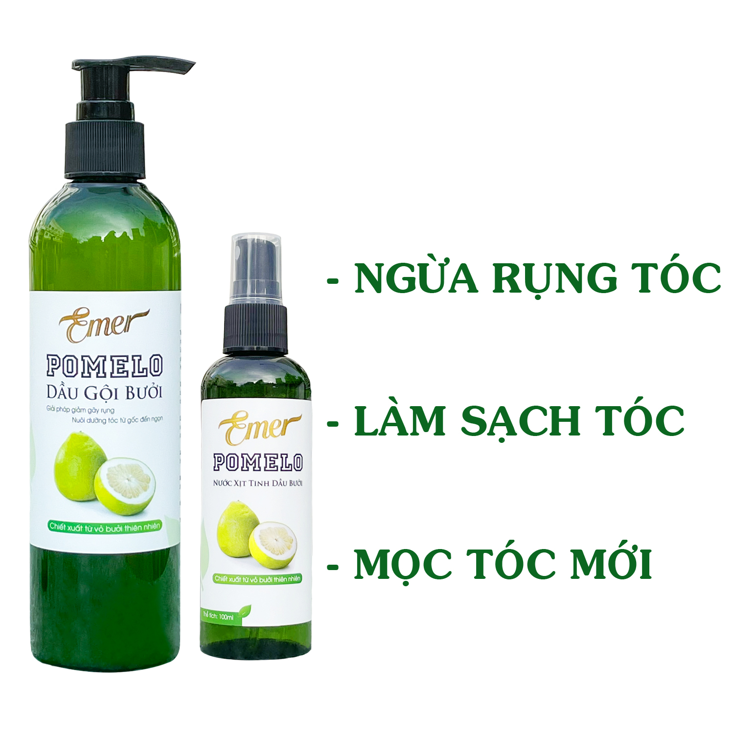 [COMBO GIẢM RỤNG TÓC] Dầu gội bưởi kích mọc tóc Pomelo Emer 300ml + Tinh dầu bưởi xịt mọc tóc Pomelo Emer 100ml giúp giảm rụng tóc kích mọc tóc nhanh cho mái tóc dày và dài hơn