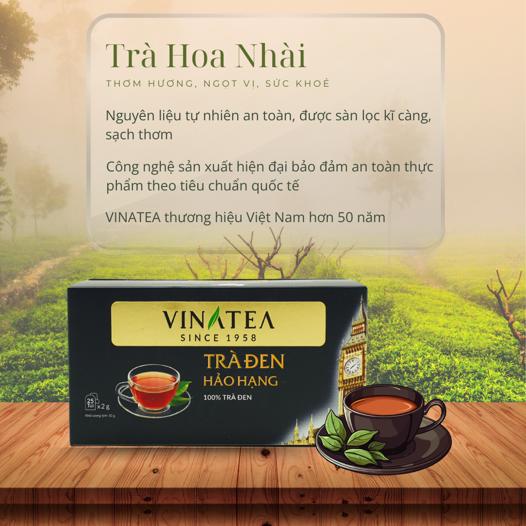 Trà đen hảo hạng 50g, trà túi lọc 25 gói vị đậm đà phong cách Anh, hồng trà đen cao cấp Vinatea