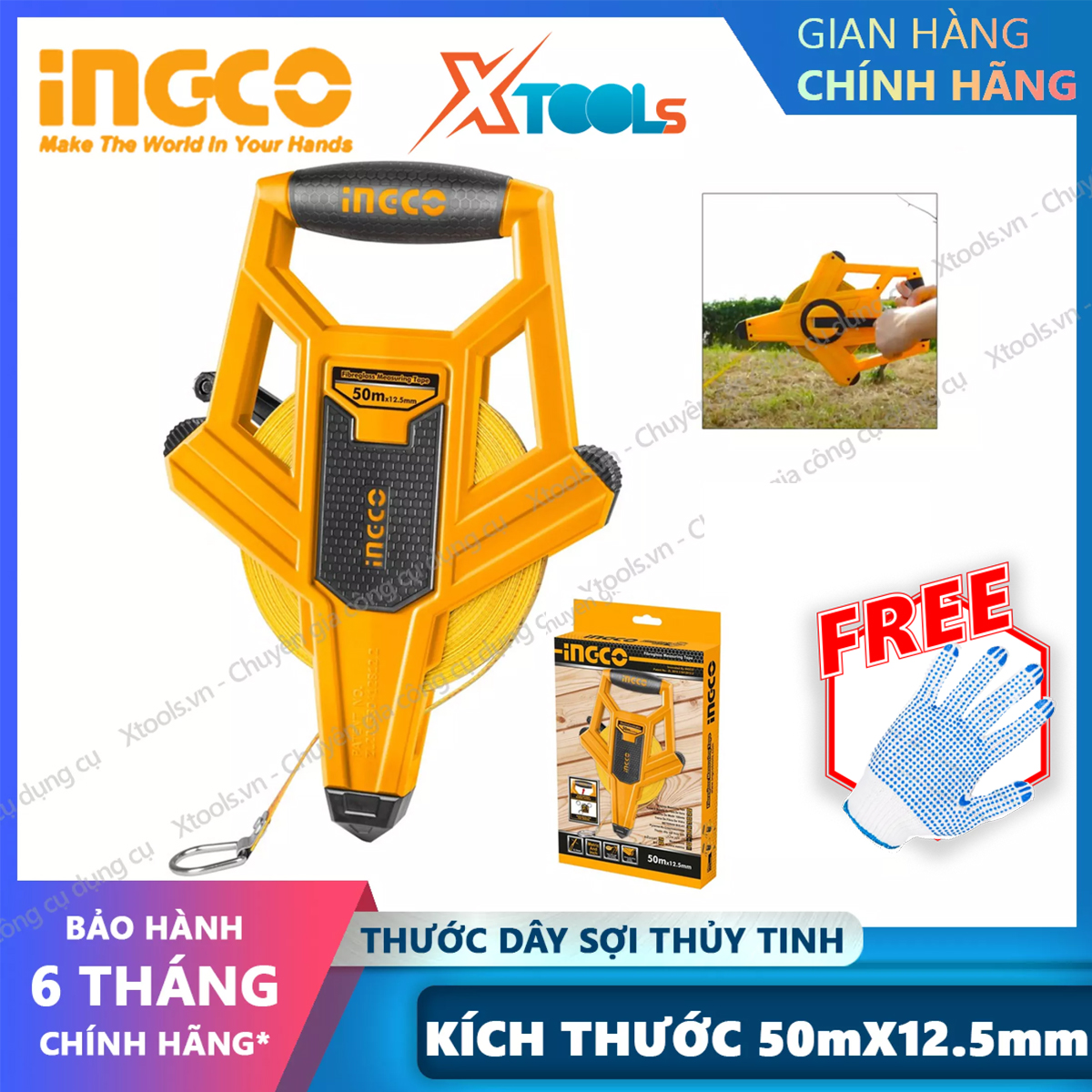 Measuring tape roll fiberglass ingco HFMT8250 50m, size roll multi-purpose plastic abs coated rubber super durable, speed rapid rolling