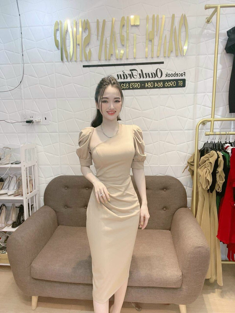 Đầm body tay phồng cổ xéo-TH#damnu