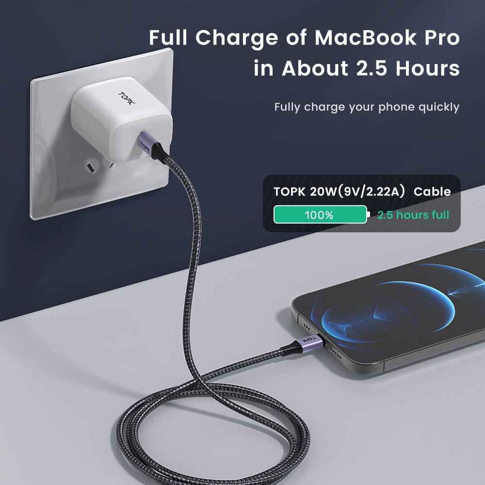 TOPK AP10 USB C to Lightning Cable Fast Charging Cable Data Sync Lightning Cable to USB Type C Charger Cord for iPhone 12 Pro Max/12 Mini/12/11 Pro Max/XS