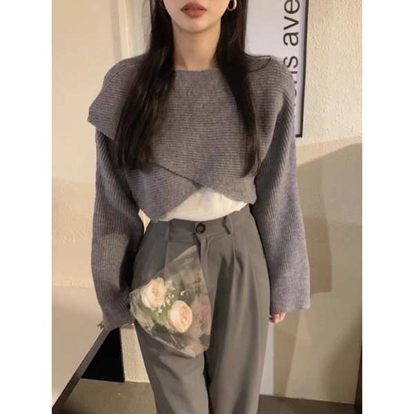 áo len vạt chéo dáng lửng croptop tay suông