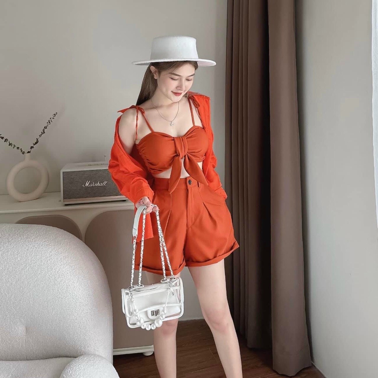 Sét bộ đồ nữ 3 món áo trong cột nơ cực ky đẹp ( có mút)