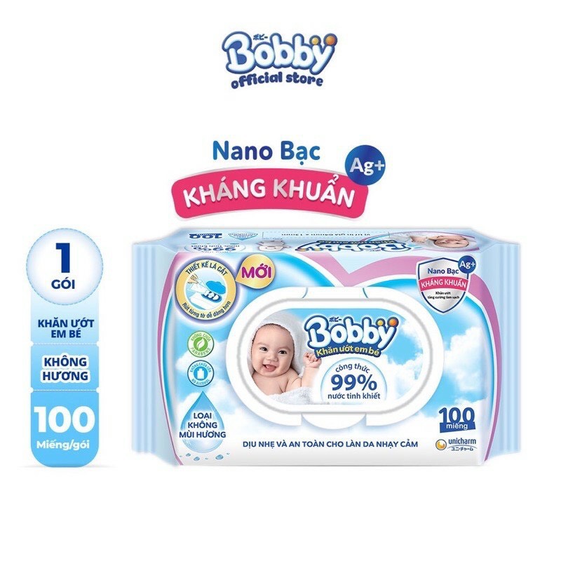 Khăn ướt Bobby không mùi 100 tờ/gói (Xanh)