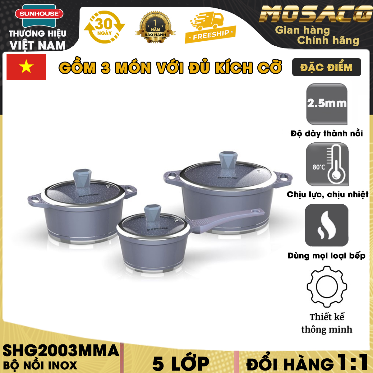 Bộ nồi quánh vân đá đáy từ SUNHOUSE SHG2003MMA gồm 2 nồi và 1 quánh. Bộ