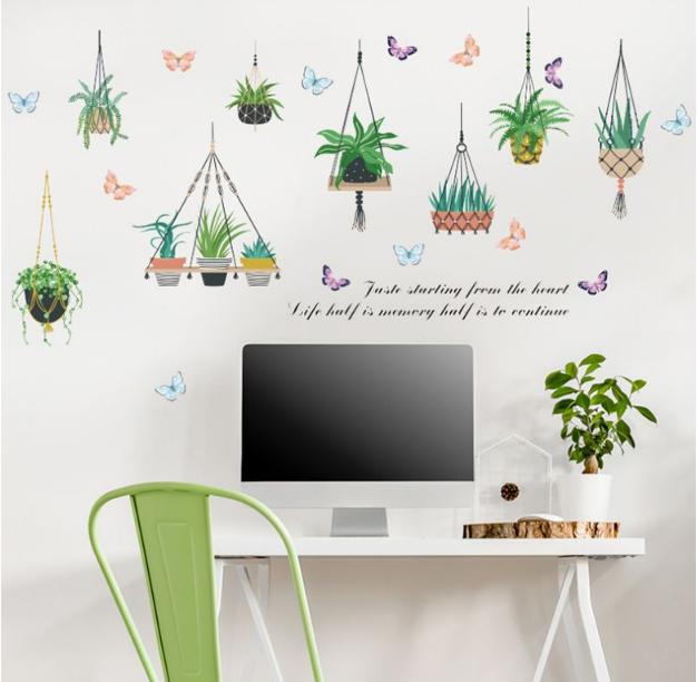 HCM-Decal trang trí tường - Nhiều Dây Treo Chậu Kiểng lá cỏ độc đáo. Decal in trên chất liệu PVC  có keo sẵn ở mặt sau chỉ cần lột ra và dán.
