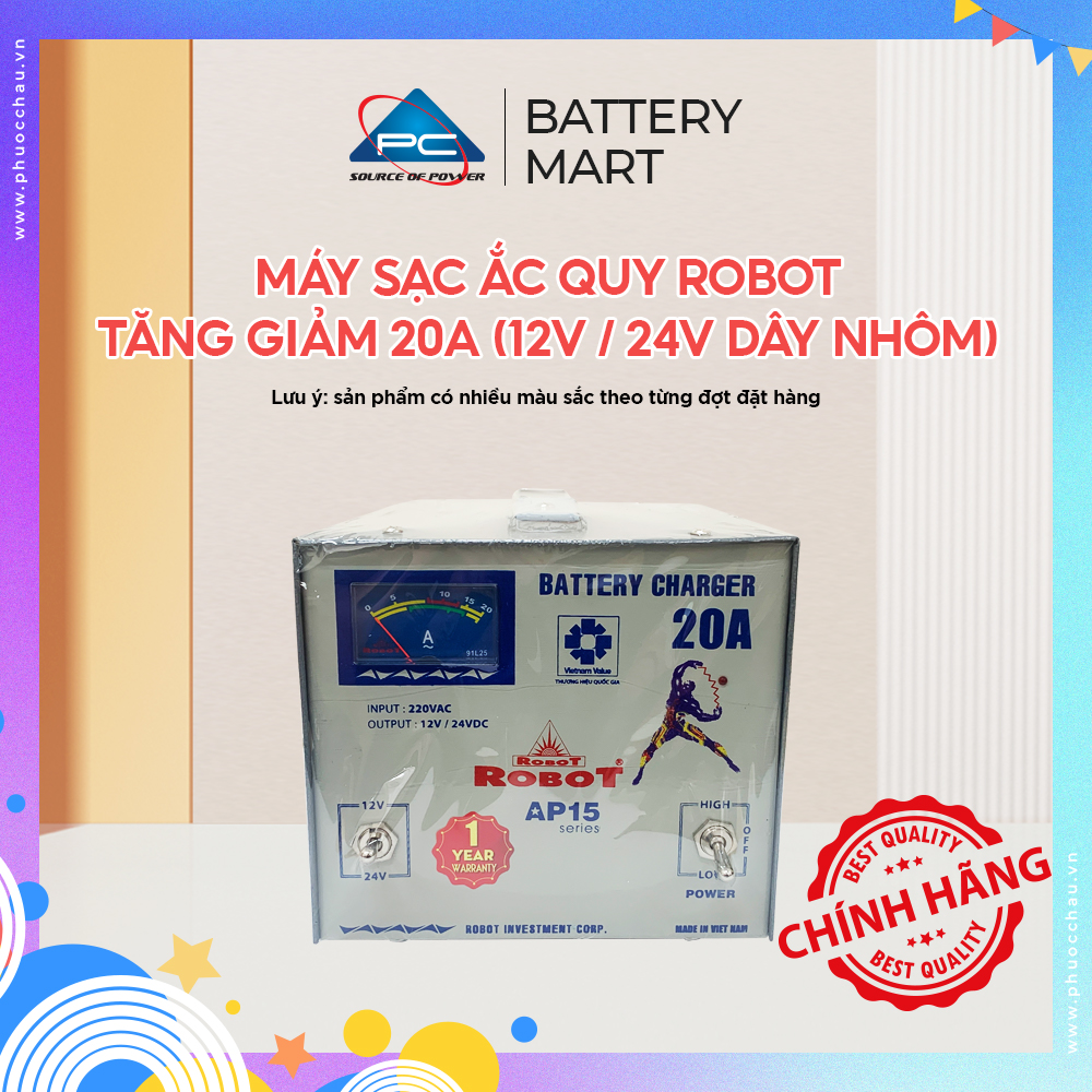 MÁY SẠC ẮC QUY ROBOT TĂNG GIẢM 20A (12V-24V, DÂY NHÔM)