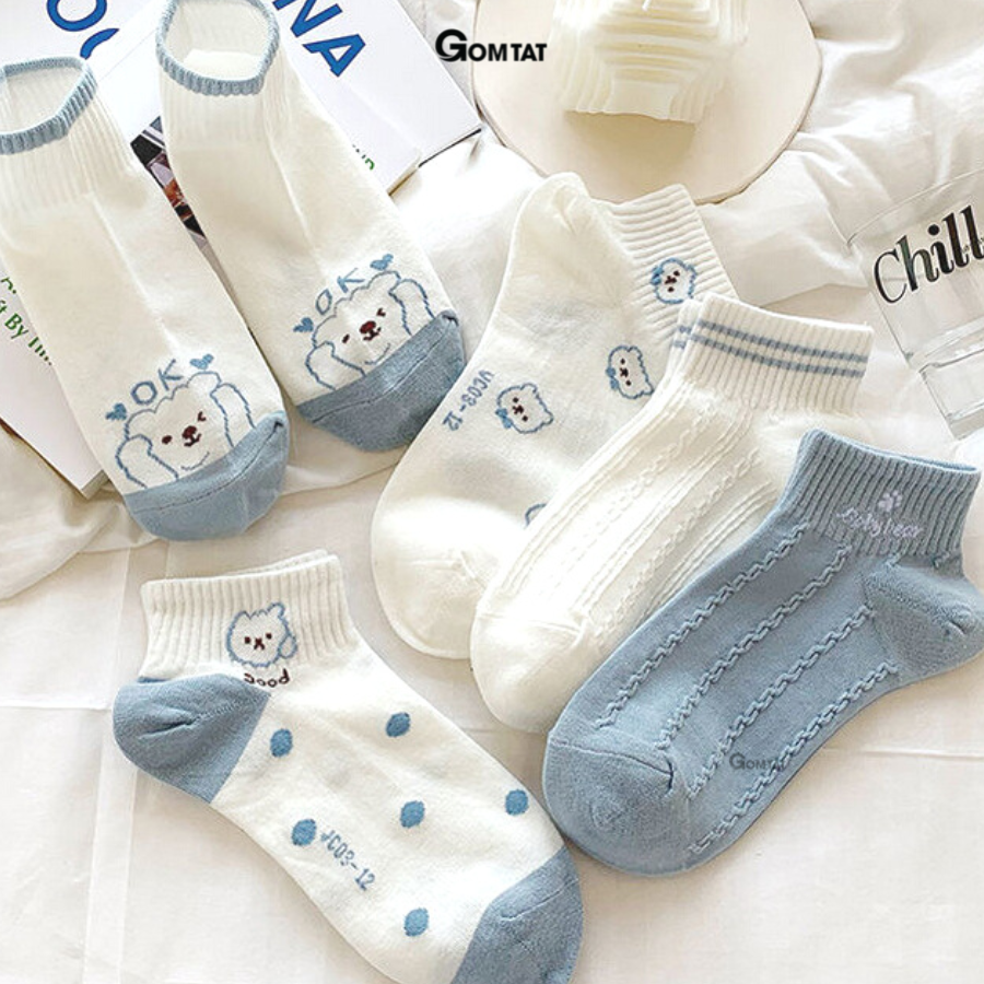 Set 5 đôi vớ cổ thấp nữ GOMTAT hoạ tiết dễ thương, chất liệu cotton dày dặn êm ái, ôm chân không bó chặt - CB089