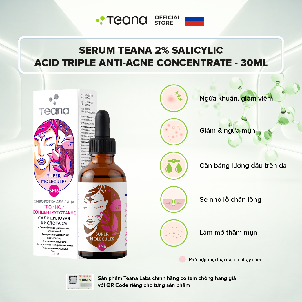 Combo Teana giảm mụn ẩn, mụn viêm (Serum Teana Anti-redness + Serum Teana SM6 2% Salicylic acid)
