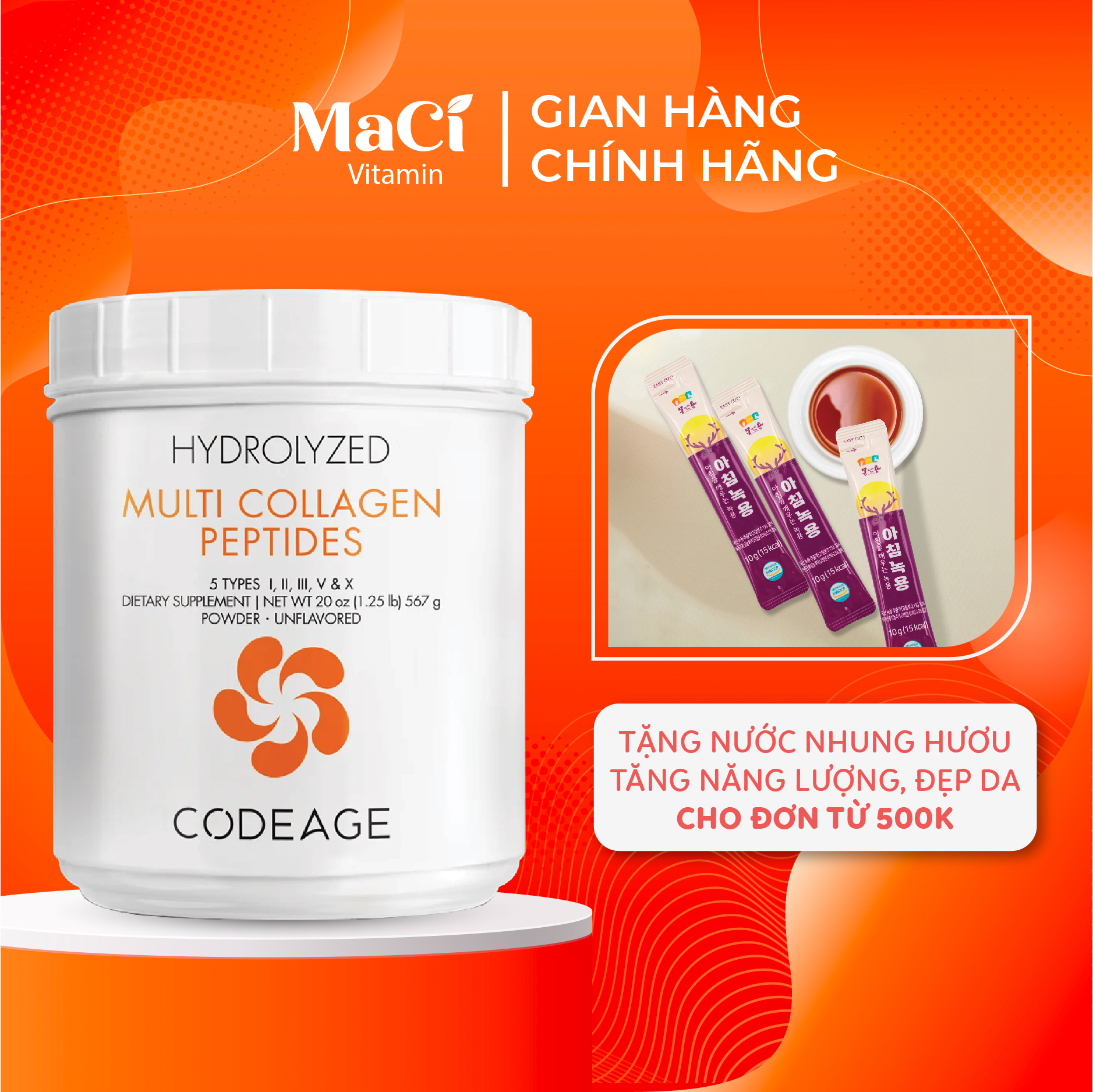Bột Collagen thủy phân tổng hợp Codeage Hydrolyzed multi collagen 567g MaCi