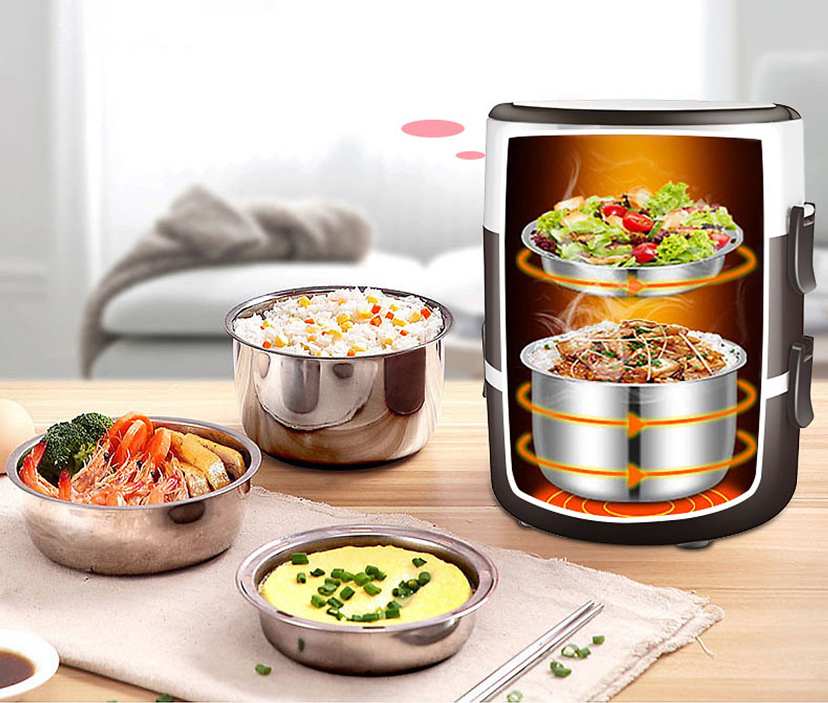 Nồi Cơm Điện Mini 3 Tầng Inox - Hộp Cơm Điện
