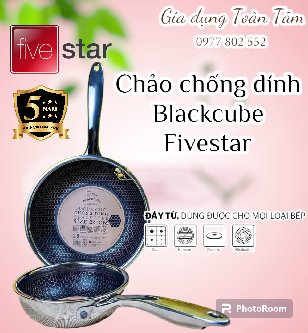 Chảo chống dính blackcube fivestar 16, 20, 22, 24, 26, 28 cm. chảo chống trầy tổ ong black cube dùng được bếp từ