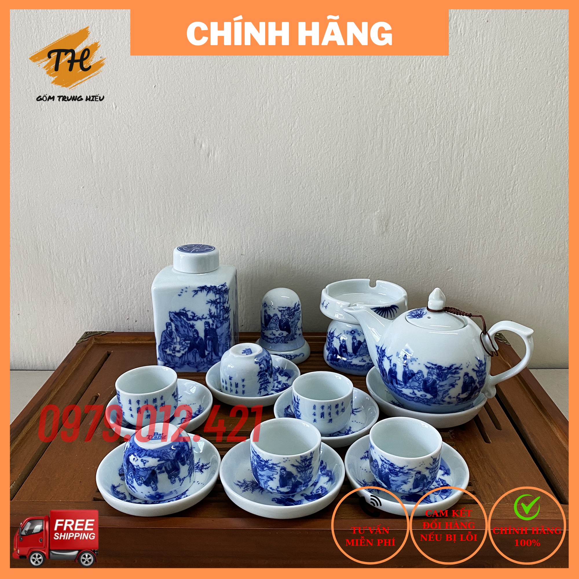 Bộ ấm chén men lam Bát Tràng tích Trúc Lâm Thất Hiền dáng chóp lửa ấm trà cao cấp loại 1 Bát Tràng